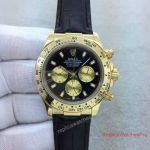 Copy Rolex Cosmograph Daytona Leather Watch Yellow Gold Dial Black Dial